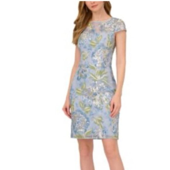 Adrianna Papell Sequin Dress 18 Blue Green Short Sleeve Party Wedding Cruise NEW - Picture 1 of 16